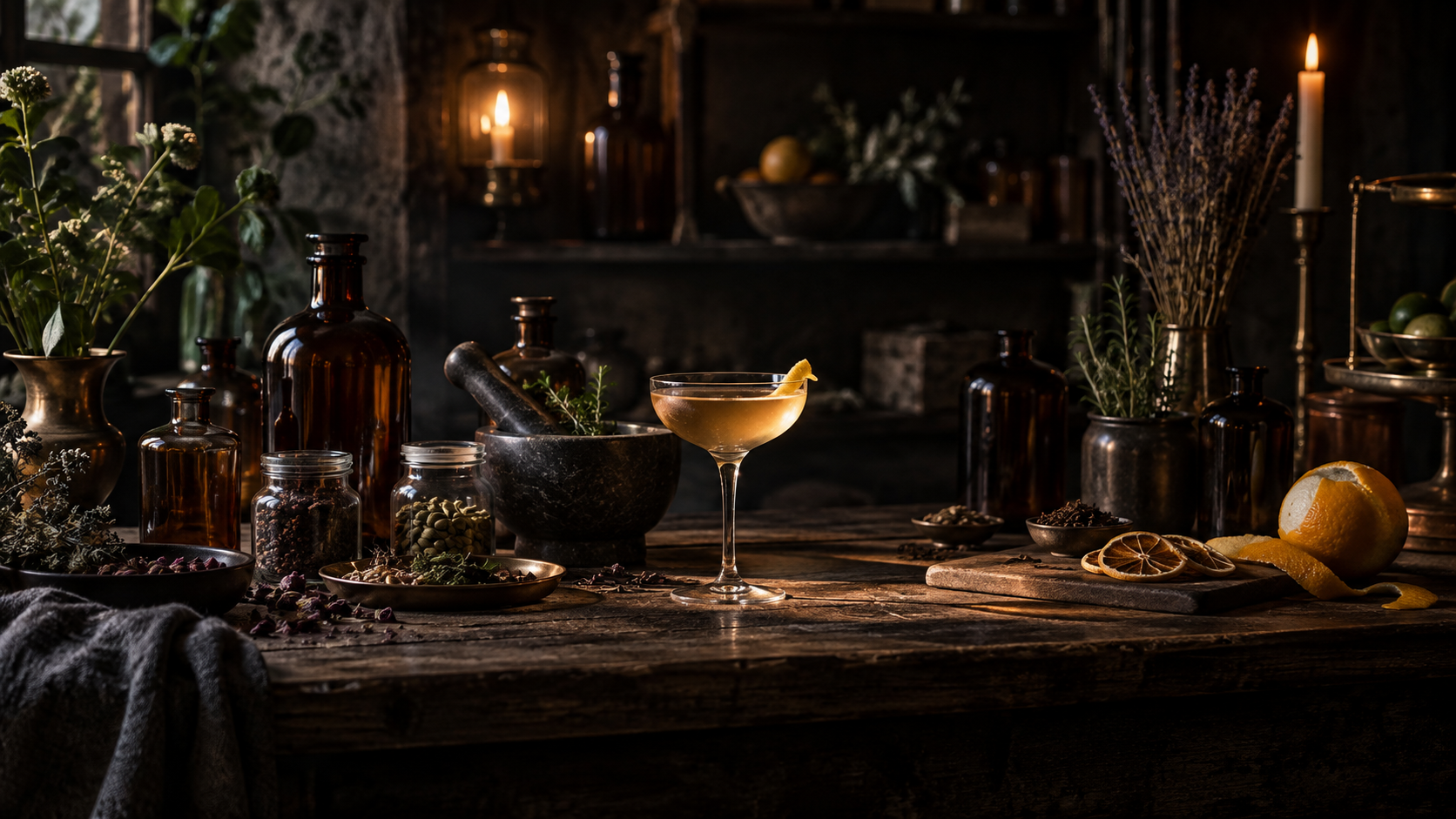 Amber bottles, herbs, spices and a cocktail arranged in a shadowed apothecary workspace