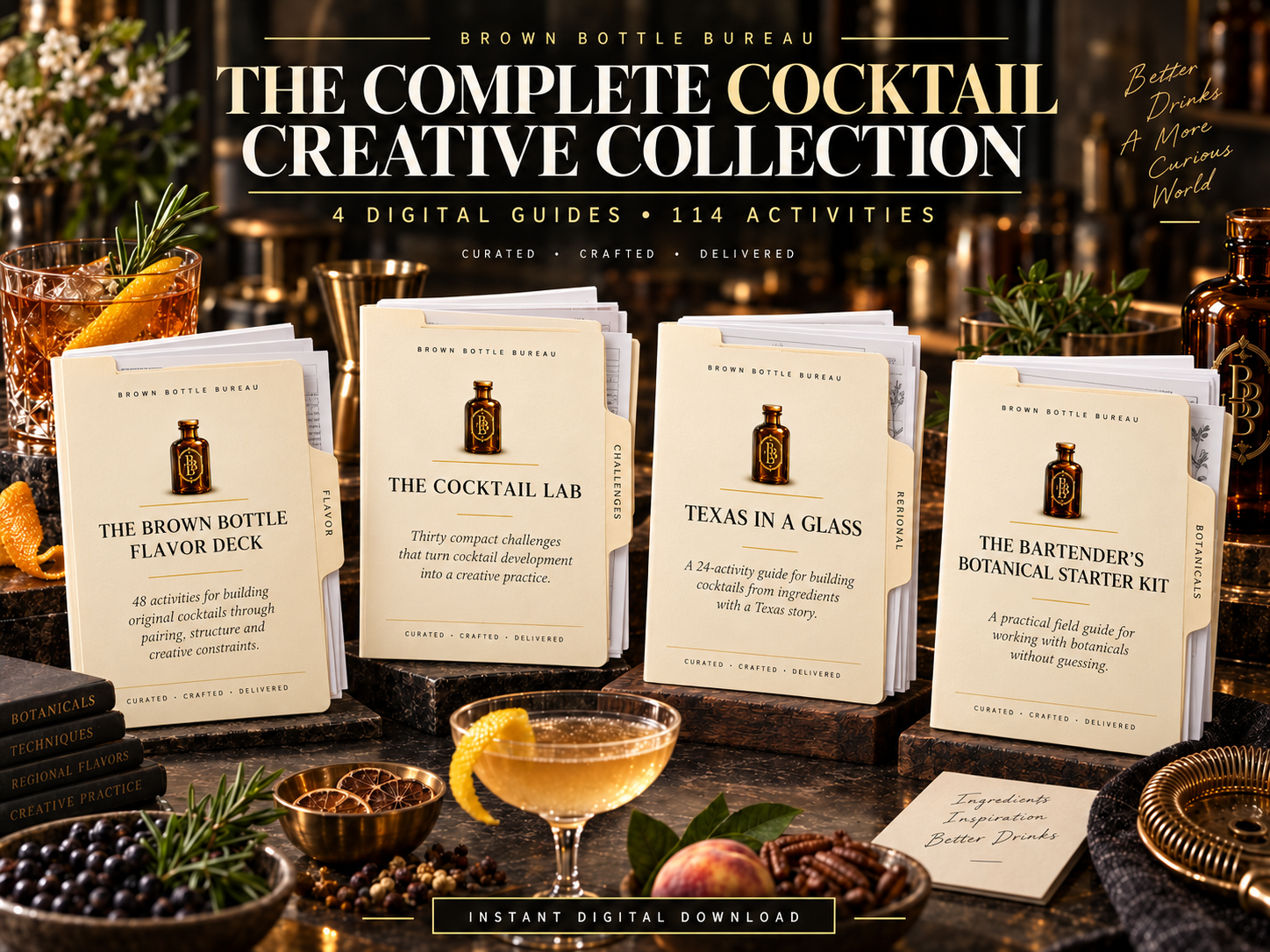 The Complete Cocktail Creative Collection shown as four downloadable Brown Bottle Bureau folders